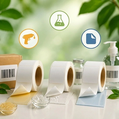 What are the types of self-adhesive label glues? Hotmelt, Acrylic, and Nonpermanent.