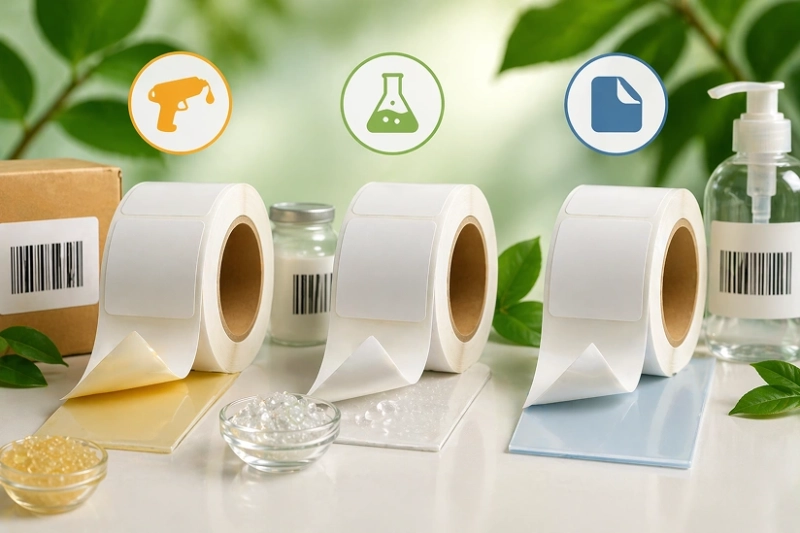 What are the types of self-adhesive label glues? Hotmelt, Acrylic, and Nonpermanent.